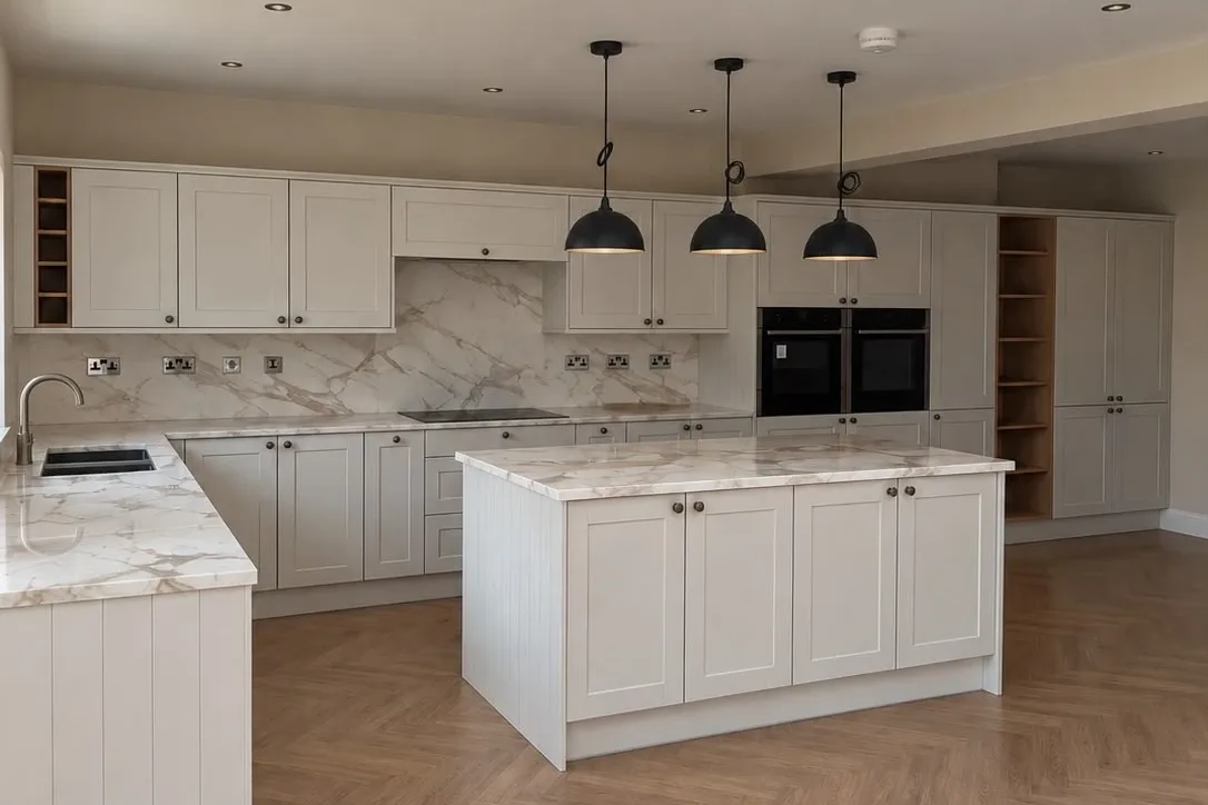 Shaker kitchen with marble-effect worktops and a central island, fitted by L&R Joinery